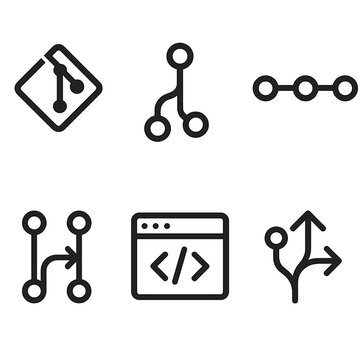 Version Control Icons. Code Repositories linear icon set: Git logo, branch diagram, version control timeline, pull request icon, source code window, merge arrows.