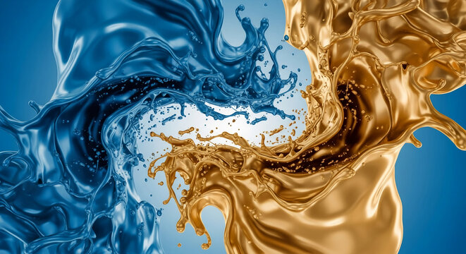 Dynamic splash with blue and gold liquid, creating a swirling, glossy texture and representing clash, energy, and contrast against a gradient background - Powered by Adobe