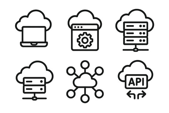 Cloud Service Icons. Cloud Services linear icon set: SaaS icon, PaaS icon, IaaS icon, cloud hosting, CDN network, integration API.