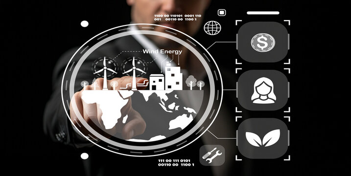 Business professional interacting with digital interface showcasing renewable energy concepts, wind energy, and sustainable development plans for future success - Powered by Adobe