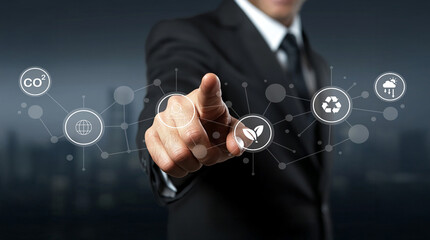 Businessman Interacting with Eco-Friendly Technology Icons for Sustainable Development and Environmental Awareness in Modern Urban Setting