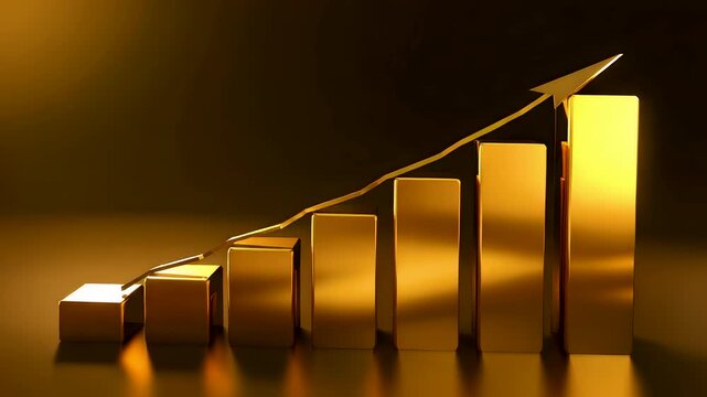Golden 3D bar chart with rising columns and an upward arrow shining under warm light, creating a powerful visualization of financial growth and success
