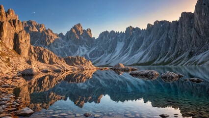 Stunning mountain scenery featuring towering cliffs with glowing summits, rocky shores by a lake, mirrored in clear water under a blue sky at dawn. 