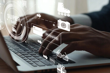 Hands typing on laptop with online shopping icons and super sale promotion, showcasing digital commerce and modern retail technology in action