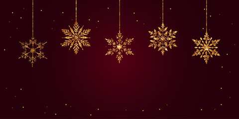 Golden Glitter Snowflakes on Festive Burgundy Background