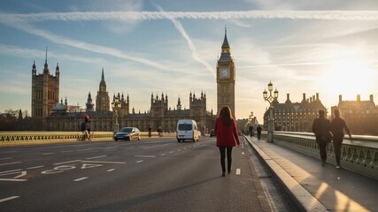 Woman walks over bridge towards Parliament building with Big Ben at sunset - Powered by Adobe