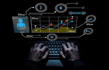 Hands Typing on Keyboard with Data Graphs and Digital Icons Representing Customer Service and Analytics in a Dark Environment
