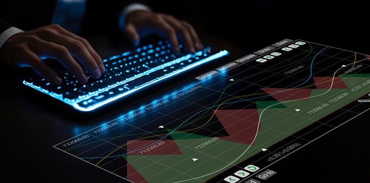 Hands typing on glowing keyboard with digital graphs and charts on dark background, representing data analysis, financial market trends, and technology in business