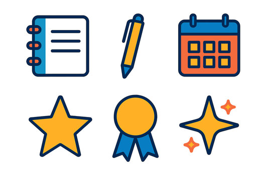 Vibrant New Year Icons. New Year’s Resolutions flat icons: Notebook, Pen, Calendar, Star, Ribbon, Sparkle.