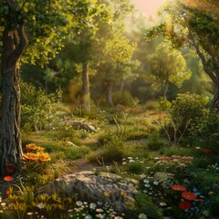 realistic landscape showing the creation of plants and trees