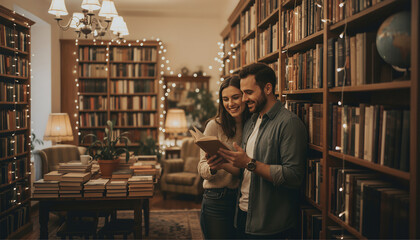 Joyful young couple reading a book together in a cozy, intimate vintage library or bookstore, surrounded by tall wooden bookshelves and warm string lights.
