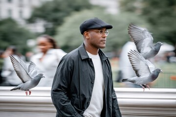 Man walking in city park with flying pigeons