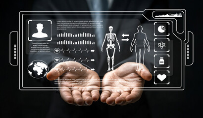 Digital Health Monitoring Interface Concept with Hands Holding Interactive Data Display and Human Anatomy Visualization