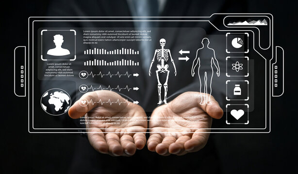 Digital Health Monitoring Interface Concept with Hands Holding Interactive Data Display and Human Anatomy Visualization