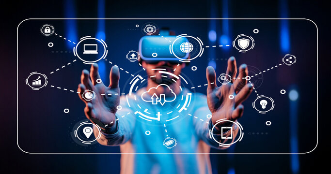 Futuristic Virtual Reality Interaction with User Engaging in Technology and Digital Elements Representing Connectivity and Modern Communication