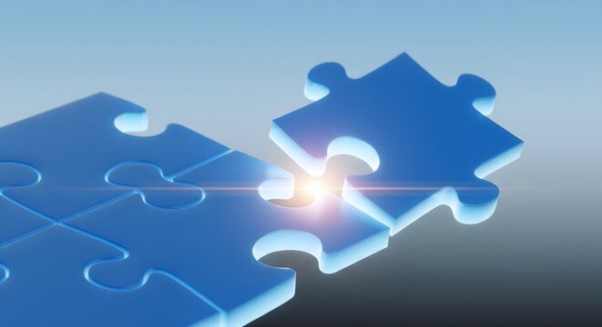 Conceptual 3D illustration of two blue jigsaw puzzle pieces fitting together, glowing with light, representing problem solving and connection.