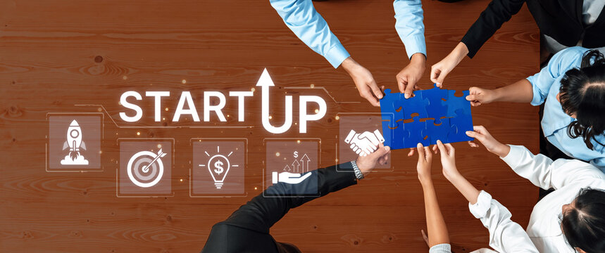 Concept of a new startup business venture. The process includes innovation, setting targets, securing investment, and forming partnerships for a successful company launch. Fermion - Powered by Adobe