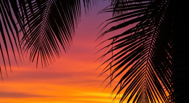 Silhouette of palm fronds tightly framed against a vibrant, fiery orange and pink tropical sunset sky, emphasizing intricate leaf texture and warm glow ,peaceful ,evening ,destination