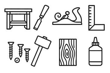 Obraz premium Woodworking Tools Icons. Home Woodworking linear icon set: workbench, chisel, plane, ruler, screws, mallet, wood board, glue bottle.