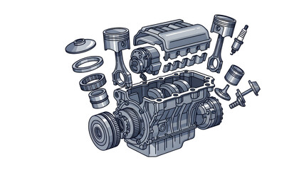 Detailed illustration set of car parts and automotive components, perfect for concepts of automotive engineering, vehicle maintenance, mechanical systems, and car repair services.