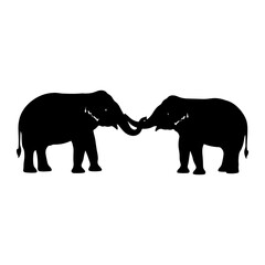 Obraz premium Silhouettes of two elephants touching trunks on a white background