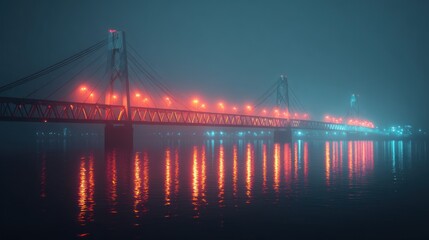 A majestic suspension bridge spans a misty river at night, illuminated by vibrant orange and teal lights reflecting on the water.
