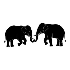 Fototapeta premium Two black elephant silhouettes touching trunks on a white background