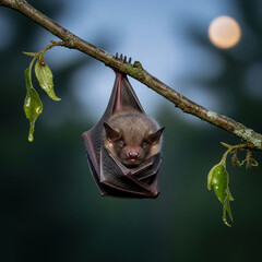Obraz premium Image of a sleeping bat hanging upside down on a branch with leaves, under a blurry moon. It represents wildlife and nocturnal animal rest