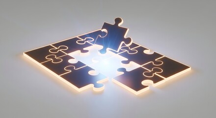 Illuminated final puzzle piece fitting into a dark square, symbolizing a successful business solution, strategy, or teamwork synergy.