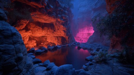 A breathtaking canyon scene illuminated by vibrant hues of orange and pink light, creating a mystical and surreal atmosphere.