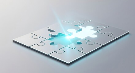 Shiny metallic puzzle with a glowing missing piece about to complete the solution, representing strategy, innovation, and teamwork.