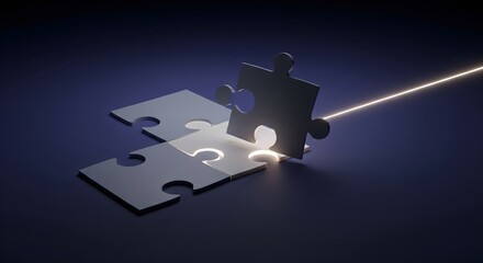 Abstract 3D rendering of three puzzle pieces connecting, creating a glowing light beam on a dark purple and blue background, symbolizing solution and success.