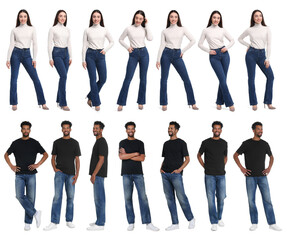 Obraz premium Woman and man wearing jeans on white background. Set of portraits