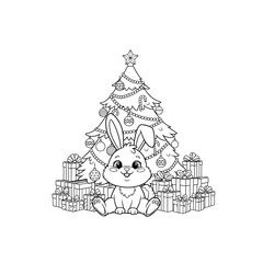 Fototapeta premium Joyful Cartoon Bunny Celebrating Christmas with Decorated Tree and Presents Coloring Page