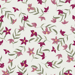 Mulberry Red and Mauve Star Flowers with Sage Leaves from Hand Drawn Art Creating a Non Directional Seamless Pattern Print