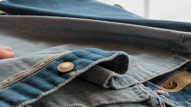 Close-up of denim jacket showing details of fabric, button and stitching