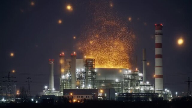 Nuclear reactor in city with glowing particles on dark background, symbolizing energy composed of many particles, futuristic video generative AI concept.