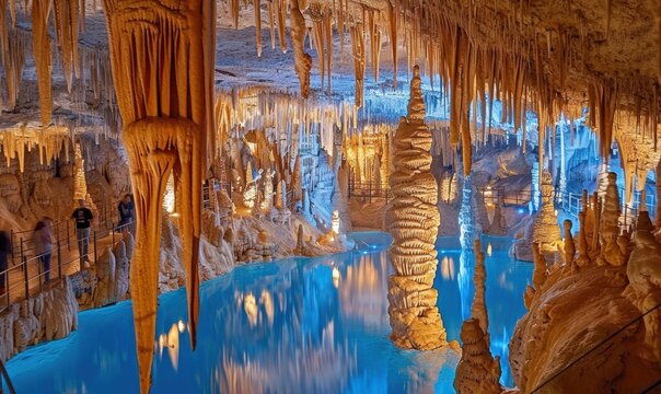 Cave with stalactites and water reflection geological formation