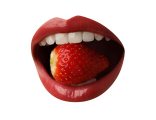 Woman with beautiful color lips holding fresh strawberry in her mouth on white background, closeup