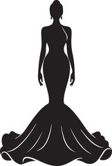 Black silhouette of a woman in a long, flowing mermaid-style evening gown dress