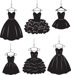 Set of black and white illustrations of elegant dresses on hangers fashion