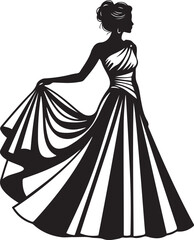Silhouette of a woman in a flowing one-shoulder evening gown holding her skirt fashion