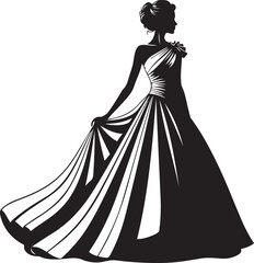 Silhouette of a woman in a flowing one-shoulder evening gown holding her skirt fashion