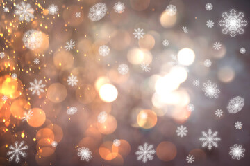 Christmas background with bokeh lights and snowflakes. Festive wallpaper or greeting card