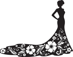 Silhouette Of A Woman In A Long Dress With Floral Train On White