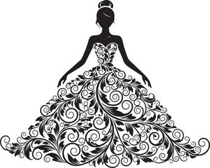 Silhouette of a woman in a flowing ornate dress with floral swirls female gown