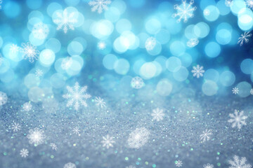Christmas background with bokeh lights and snowflakes. Festive wallpaper or greeting card