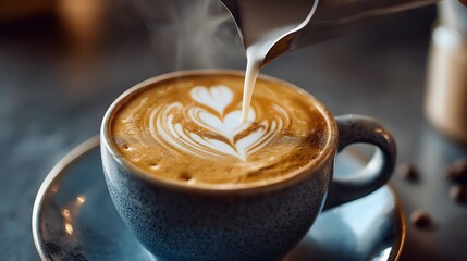 Close-up of a steaming cup of coffee with intricate latte art, showcasing heart shapes, placed on a rustic wooden table with coffee beans scattered around