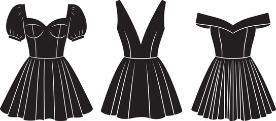 Three Black and White Silhouettes of Women's Dresses with Details fashion clothing