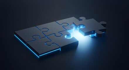 Dark 3D rendered puzzle pieces solving connection problem with glowing blue light on a black background, symbolizing solution, strategy, and teamwork.